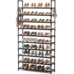 Tall Shoe Rack 10 Tier Storage Organizer Holds 50 Pairs Metal Shelf Black